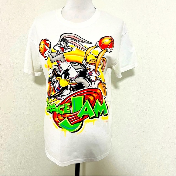 Looney Tunes Space Jam Unisex Medium Bugs Daffy White Graphic T-Shirt EUC - Picture 1 of 4